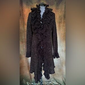 Sz 1x Brown Knit Ruffle Trim Cuffs Frilly Frills Long Cardigan Sweater XL